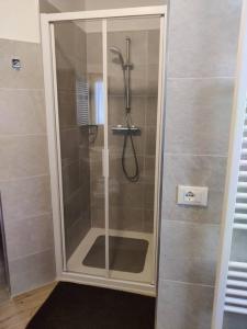 a shower with a glass door in a bathroom at Falcade Dolomiti La Quiete piano terra in Fregona