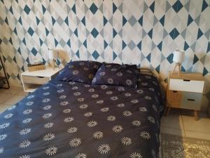 a bedroom with a bed with a blue comforter at Chambre chez l'habitant avec Sdb et WC privatifs in Marnay-sur-Seine