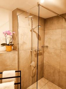 um chuveiro com uma porta de vidro na casa de banho em RüWellnessSuite I Rü-Stern I Messe I Klinikum em Essen