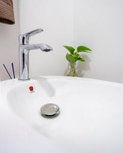 a bathroom sink with a faucet and a plant at Encantadora propiedad Equipado en la Ciudad in La Cañada