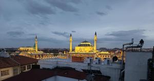 vista su una moschea dal tetto di un edificio di Pirotel Hotel a Konya