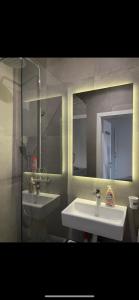 La salle de bains est pourvue d'un lavabo et d'un miroir. dans l'établissement Slavija Square Apartments, à Belgrade