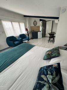 a bedroom with a large bed and a kitchen at Le Lamourguier in Narbonne