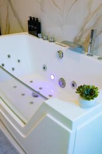 a white tub with a plant on top of it at Blu Iris - Deluxe apartment with jacuzzi in Lesa