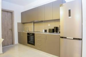 a kitchen with stainless steel appliances and a refrigerator at Katerina & Stefanos Family apartments in Archangelos +33 photos