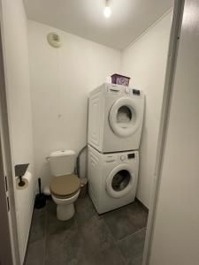 une petite salle de bains avec un lave-linge et des toilettes. dans l'établissement Appartement T3 proche centre ville, à La Teste-de-Buch