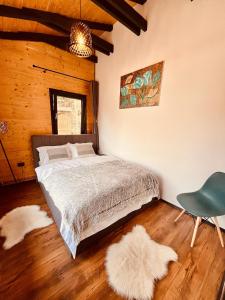 a bedroom with a bed and a chair and rug at Kenzo Chalet in Porumbacu de Sus +29 photos