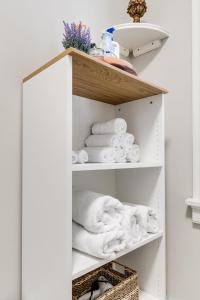 a bathroom with towels on a shelf at M1 central location in the Fan VCU free parking in Richmond