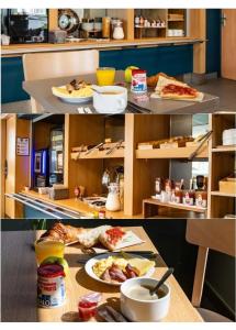 a collage of two pictures of a kitchen with food at B&B HOTEL Saint-Etienne Monthieu in Saint-Étienne