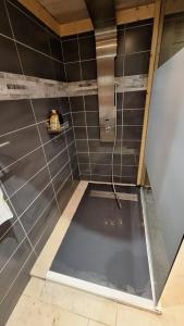 a shower in a bathroom with black tiles at Le refuge du poète in Saint-François-de-Sales