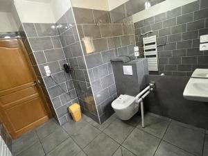 a bathroom with a shower and a toilet and a sink at GITE DE L'ORCHIDÉE P M r in Locmaria-Grand-Champ +43 photos