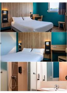 two pictures of a hotel room with two beds and a sink at B&B HOTEL Saint-Etienne Monthieu in Saint-Étienne