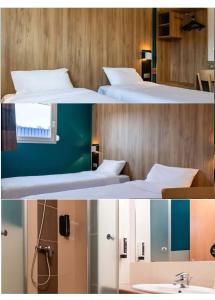 two pictures of a room with two beds and a sink at B&B HOTEL Saint-Etienne Monthieu in Saint-Étienne