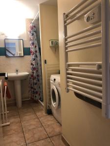 ein Badezimmer mit einer Waschmaschine und einem Waschbecken in der Unterkunft Normandia Parfum de pommes et d'histoire in Nonant
