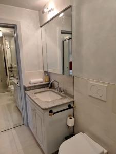 a bathroom with a sink and a toilet and a mirror at Brera Vicolo Fiori in Milan