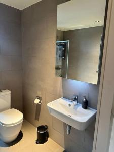 a bathroom with a white toilet and a sink at Stylist 2 Bedroom Apartment in Central London in London