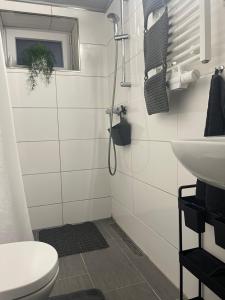 a white bathroom with a toilet and a sink at kleine Flora - Apartment in Minden