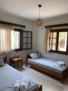 a bedroom with two beds and a chandelier at Paradise house in Kriopigi