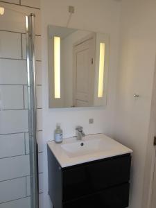 une salle de bain avec un lavabo et un miroir dans l'établissement Stokrosen, à Åkirkeby