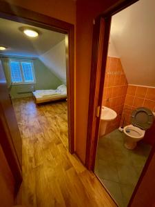 a bathroom with a toilet and a bed in a room at Dvoupodlažní zděná chata in Tábor