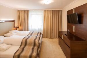 イシュグルにあるスーペリア ホテル ポスト イシュグルのベッド1台、薄型テレビが備わるホテルルームです。
