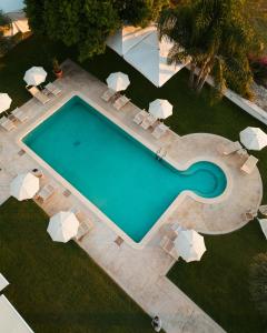 斯佩隆加的住宿－格羅塔狄緹貝里歐酒店，享有带椅子和遮阳伞的游泳池的上方景色