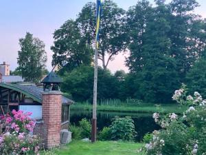 una bandera en un poste en un jardín con un estanque en Isans stuga, en Broby