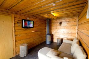 a room with a couch and a tv in a cabin at Villa Ankkuri in Savonranta
