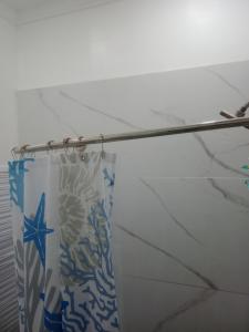 - un rideau de douche dans la salle de bains pourvue d'un poteau dans l'établissement 7hills comfort suites, à Cooperʼs Town
