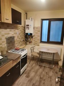 kuchnia z kuchenką i stołem w obiekcie Apartament sat vacanța Mamaia-Constanta w Konstancy