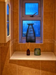 a window with a black vase sitting on a shelf at the lodge@ beechwood house in Mossley