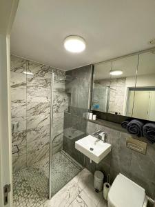 a bathroom with a sink and a shower and a toilet at Elegant 2 Bedroom Apartment in Grand Canal in Dublin