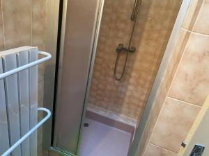 y baño con ducha y puerta de cristal. en Grand appartement, en Chaudes-Aigues