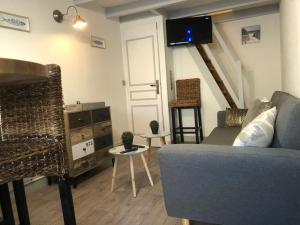 een woonkamer met een bank en een tv bij petit maison Indépendant ile oleron sans ext in Grand-Village-Plage