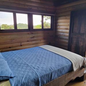 een slaapkamer met een bed in een blokhut bij Villa Hermosa in Jarabacoa