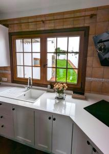 una cocina con fregadero y ventana en La Palma Nature, en Barlovento