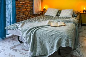 een slaapkamer met een bed met twee boeken erop bij Industrial Kato in Katowice