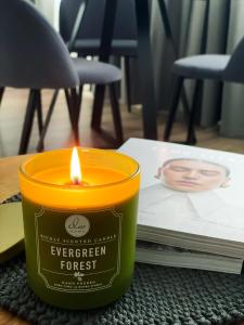 Forest Studio في دروسكينينكاي: وجود شمعه جالسه على طاوله بجانب كتاب
