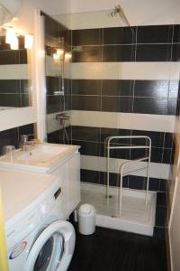 a bathroom with a sink and a washing machine at Résidence LA GRIFOULLIÈRE - Maisons & Villas pour 6 Personnes 74 in Port Leucate