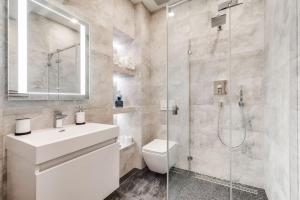 La salle de bains est pourvue de toilettes, d'un lavabo et d'une douche. dans l'établissement Deluxe mansard suite in Karlin, à Prague