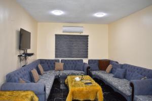 un soggiorno con divani blu e TV di البيت الريفي a Jerash