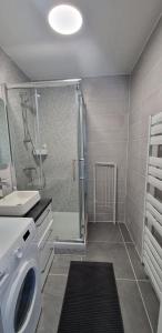 a bathroom with a shower and a washing machine at Grand studio, calme et lumineux en centre-ville in Montreuil