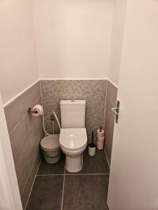 a bathroom with a toilet and a tiled floor at Grand studio, calme et lumineux en centre-ville in Montreuil