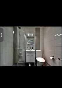 ein Bad mit einem WC und einem Waschbecken in der Unterkunft Centralt i Malmö in Malmö