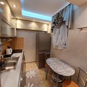 洛茲尼察的住宿－Apartman Irena，一间带桌子和冰箱的小厨房
