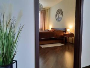 una camera con letto e tavolo con pianta di Slnečný 2 izbový byt 5 minút od centra mesta a Zvolen
