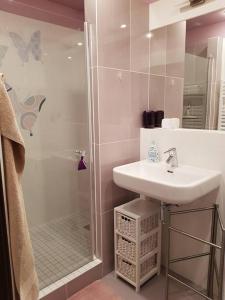 bagno bianco con lavandino e doccia di Slnečný 2 izbový byt 5 minút od centra mesta a Zvolen