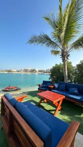 a patio with blue couches and a palm tree at فيلا بشاطئ خاص ومسبح in Durat Alarous