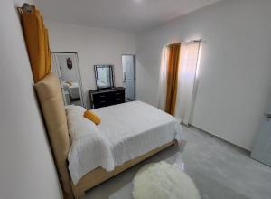 Schlafzimmer mit einem weißen Bett und einem Spiegel in der Unterkunft Umbrella Street, city Center, close to many atracctions in San Felipe de Puerto Plata