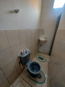 a small bathroom with a toilet and a sink at Casa inteira no centro de São Thomé das letras in São Thomé das Letras
